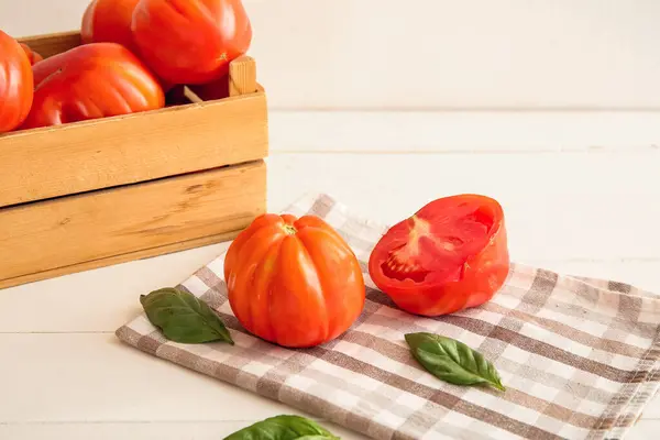 Box Fresh Ripe Tomatoes Basil White Wooden Table — Stock Photo, Image