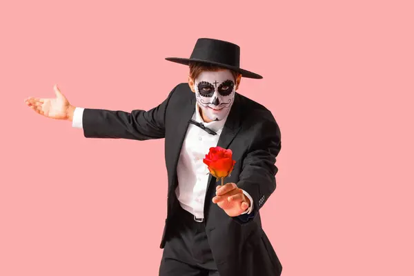 Young Man Painted Skull Rose Pink Background Mexico Day Dead — Stock Photo, Image