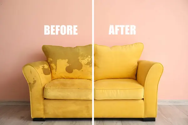Yellow sofa before and after dry-cleaning in room