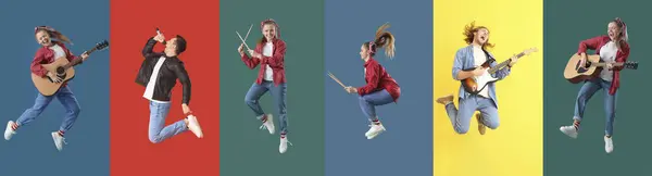 Set Von Menschen Die Musikinstrumente Spielen Und Auf Farbigem Hintergrund — Stockfoto