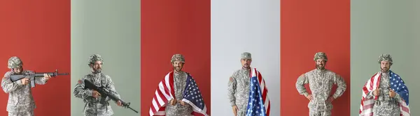 Collage Many American Soldiers Color Background — Stock Photo, Image