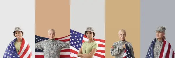 Collage with female American soldiers on color background