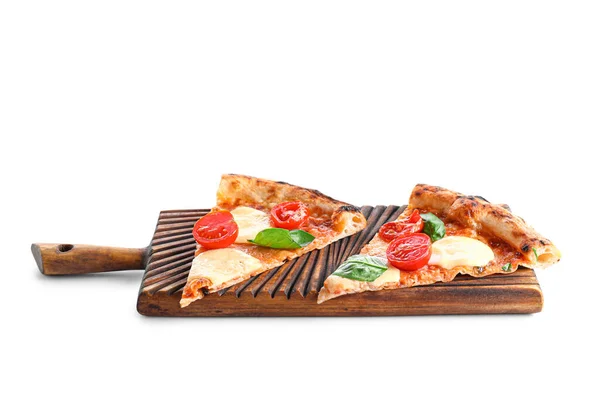 Wooden Board Slices Tasty Pizza Margarita White Background — Stock Photo, Image