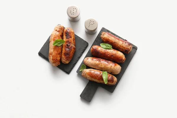 Boards Tasty Grilled Sausages Spices White Background — Stock Photo, Image