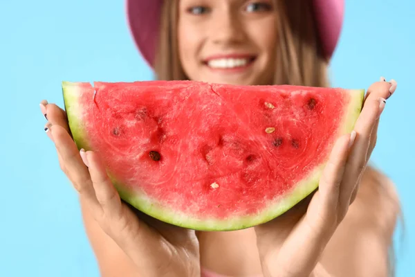 Young Woman Fresh Watermelon Blue Background Closeup — Stock Photo, Image