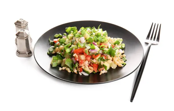 Bord Met Heerlijke Tabbouleh Salade Vork Witte Achtergrond — Stockfoto