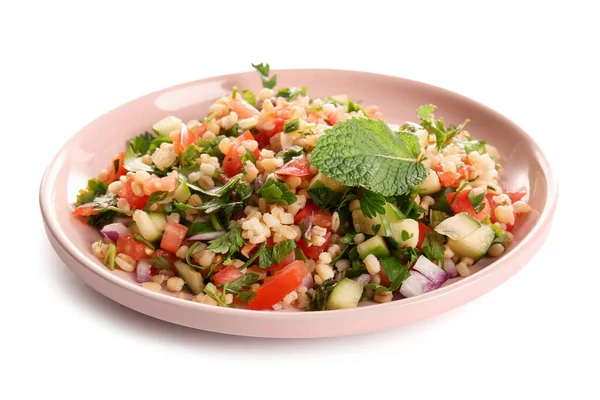 Teller Mit Köstlichem Tabbouleh Salat Auf Weißem Hintergrund — Stockfoto