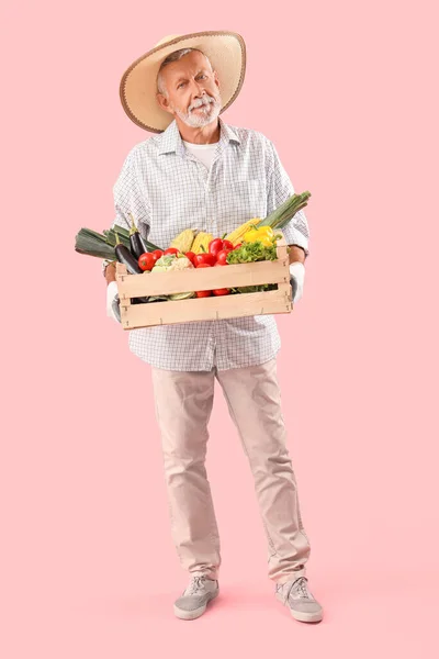 Agricultor Masculino Maduro Com Caixa Madeira Cheia Diferentes Vegetais Maduros — Fotografia de Stock
