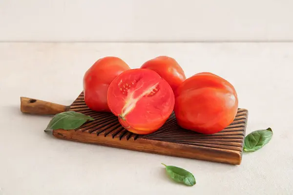 Wooden Board Fresh Ripe Tomatoes Basil White Background — Stock Photo, Image