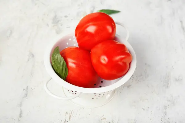 Colander Fresh Ripe Tomatoes Basil White Background — Stock Photo, Image
