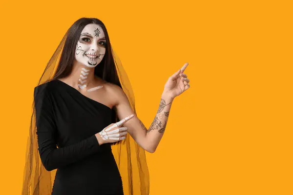 Beautiful Young Woman Dressed Dead Bride Halloween Party Pointing Something — Stock Photo, Image