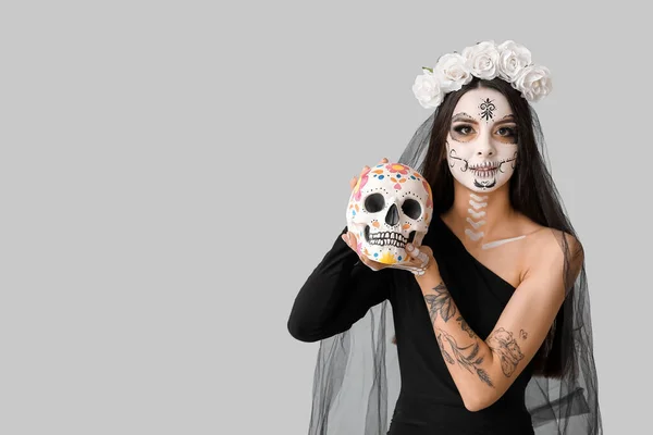Young Woman Dressed Dead Bride Halloween Party Painted Human Skull — Stock Photo, Image