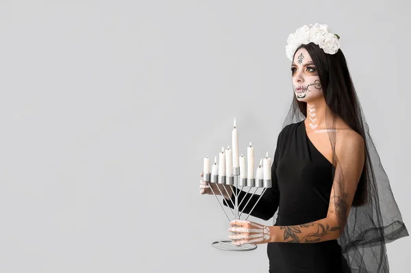 Young Woman Dressed Dead Bride Halloween Party Holding Candlestick Candles — Stock Photo, Image