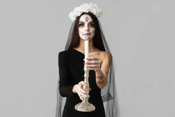 Young Woman Dressed Dead Bride Halloween Party Holding Candlestick Candle — Stock Photo, Image