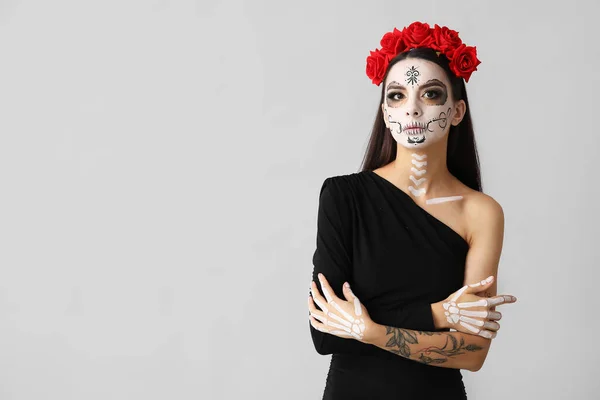 Beautiful Young Woman Dressed Dead Bride Halloween Party Grey Background — Stock Photo, Image