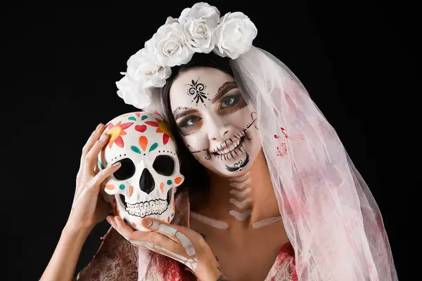 Jonge Vrouw Verkleed Als Dode Bruid Voor Halloween Feest Met — Stockfoto