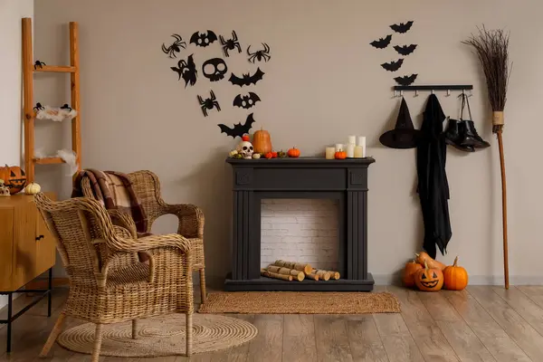 Interior Living Room Decorated Halloween Mantelpiece Armchairs — Stock Photo, Image