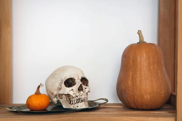 Skull Halloween Pumpkins Shelf Light Wall — Stock Photo, Image