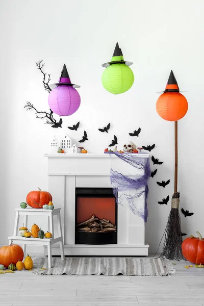 Intérieur Salon Décoré Pour Halloween Avec Cheminée Chauves Souris Papier — Photo