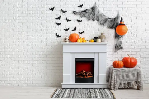 Interior Living Room Decorated Halloween Fireplace Pumpkins Paper Bats — Stock Photo, Image
