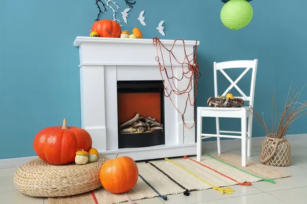 Interior Living Room Decorated Halloween Fireplace Chair — Stock Photo, Image
