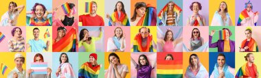 Renk arkaplanında LGBT bayrakları olan bir grup farklı insan