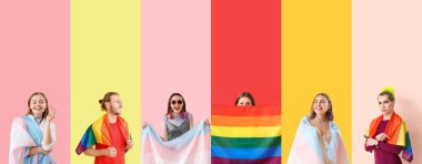 Renk arkaplanında LGBT bayrakları olan farklı insanların kolajı