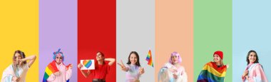 Renk arkaplanında LGBT bayrakları olan farklı kadınların kolajı