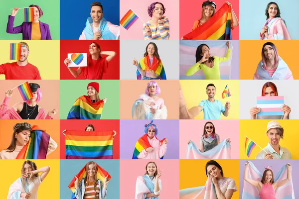 Grupo Diferentes Personas Con Banderas Lgbt Sobre Fondo Color — Foto de Stock