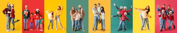 Yılbaşı Hediyeleriyle Renk Arka Planında Kışlık Kıyafetleriyle Bir Sürü Farklı — Stok fotoğraf