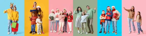 Skupina Různých Lidí Vánoční Dárky Nákupní Tašky Zimním Oblečení Barevném — Stock fotografie