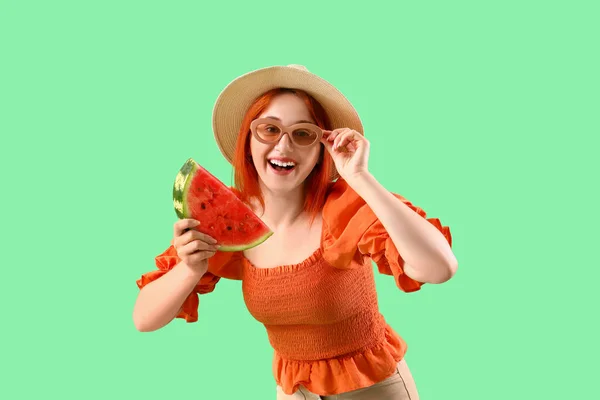 Young Woman Fresh Watermelon Color Background — Stock Photo, Image