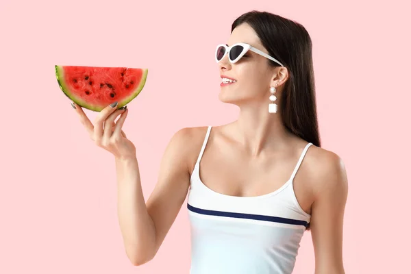 Young Woman Fresh Watermelon Pink Background — Stock Photo, Image