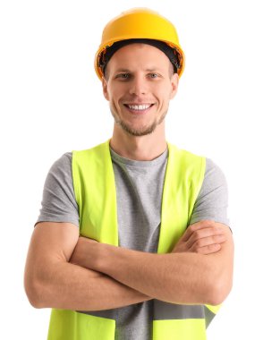 Male worker in vest and hardhat on white background