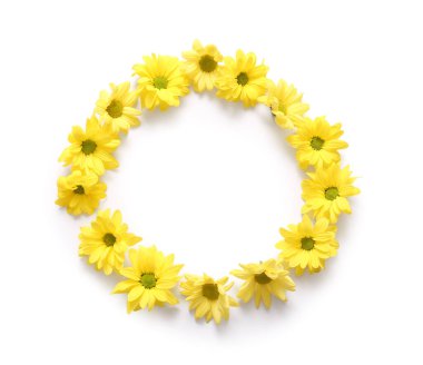 Beyaz arkaplanda güzel sarı kasımpatı çiçeklerinden yapılmış çerçeve