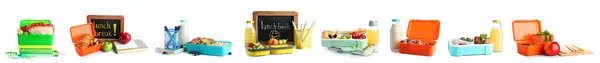 Collage Von Lunchboxen Aus Kunststoff Mit Leckerem Essen Und Schreibwaren — Stockfoto