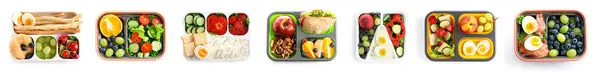 Collage Plastic Lunch Boxes Tasty Food White Background Top View — Stock Photo, Image