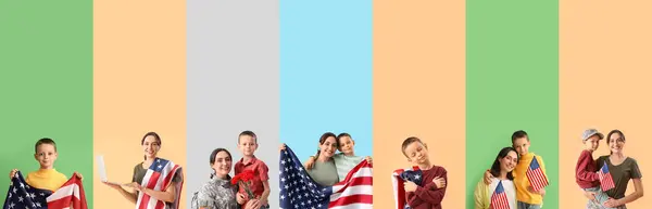 由美国国旗和彩色背景的康乃馨花的妇女和小男孩组成的学院 纪念日 — 图库照片