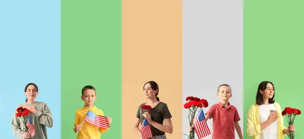 Набор Женщин Маленьких Мальчиков Флагами Сша Гвоздичными Цветами Цветном Фоне — стоковое фото