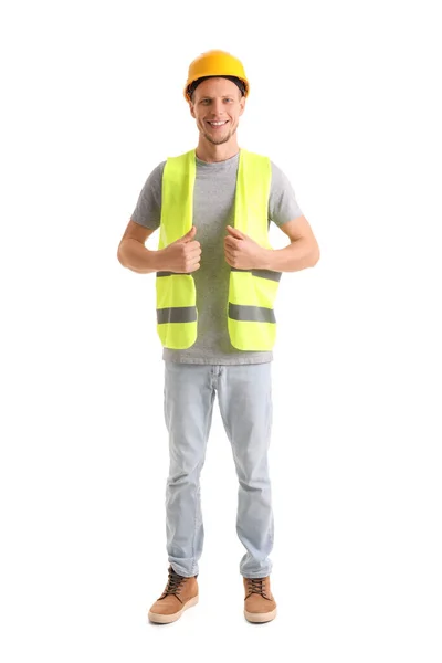 Male Worker Vest Hardhat White Background —  Fotos de Stock