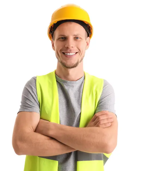 Mannelijke Werknemer Vest Harde Hoed Witte Achtergrond — Stockfoto
