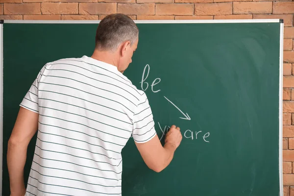 Male teacher writing English grammar on blackboard in classroom, back view