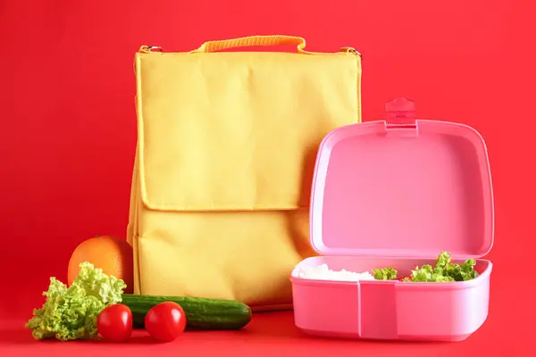 Bag Lunchbox Tasty Food Red Background — Stock Photo, Image