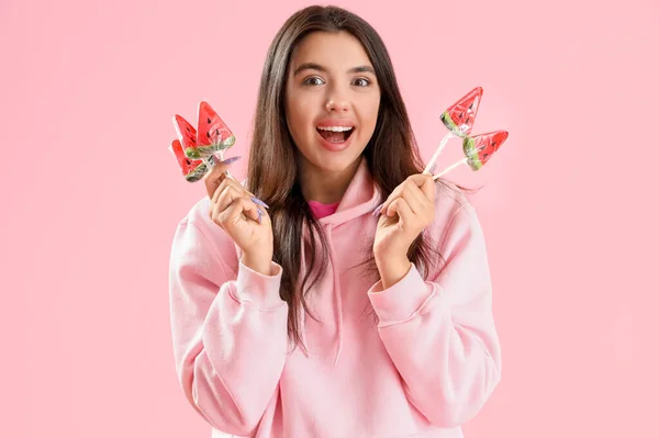 Beautiful Happy Young Woman Watermelon Lollipops Pink Background — Stock Photo, Image