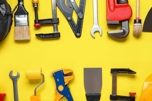 Frame Made Different Construction Tools Yellow Background — Stock Photo, Image