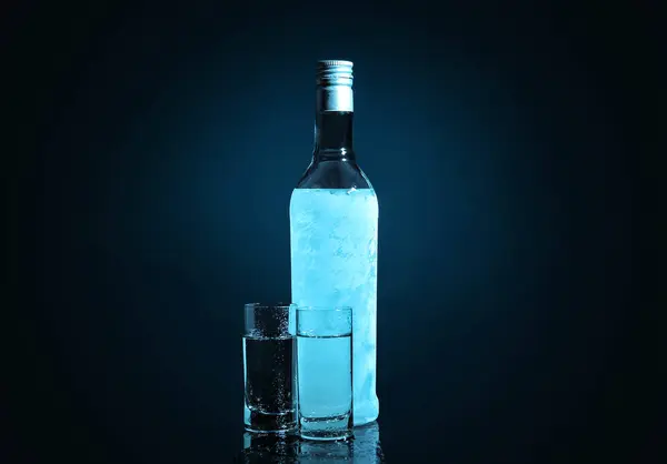 Shots Bottle Cold Vodka Black Background — Stock Photo, Image