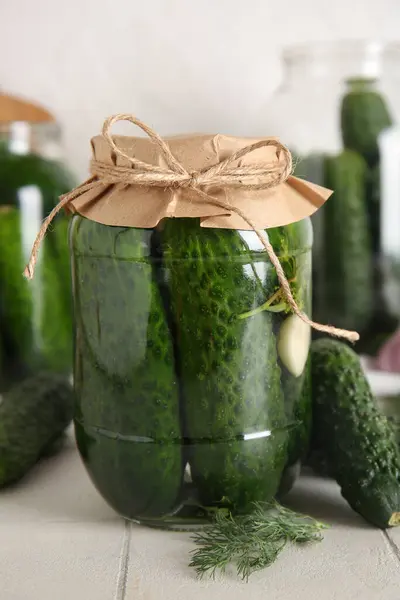 Jar Canned Cucumbers Table — Stock Photo, Image