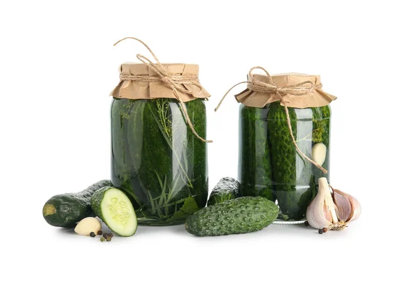 Jars Canned Cucumbers Fresh Vegetables Spices White Background — Stock Photo, Image