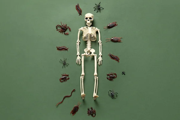Composición Halloween Con Chinches Caramelo Esqueleto Sobre Fondo Verde — Foto de Stock