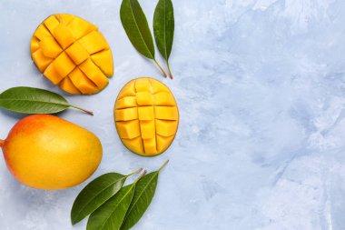 Açık mavi arkaplanda taze mangolar